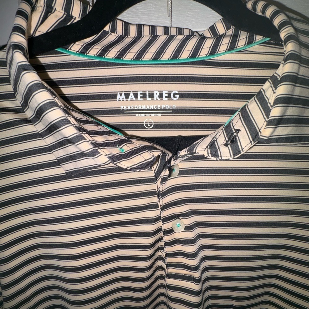 MAELREG Men’s Golf Polo Striped Shirt Short Sleeve Black and Khaki Size Large - Picture 6 of 8